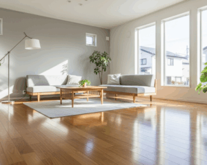 A bright, modern living room in a Dentsville-style home featuring gleaming hardwood floors, natural daylight pouring through large windows