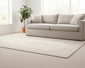 A bright, modern living room with a freshly cleaned area rug and spotless upholstered sofa