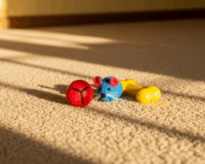 A clean, freshly vacuumed carpet with a few colorful pet toys neatly placed on top, warm sunlight through nearby windows