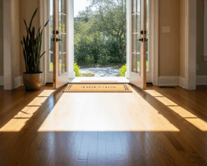 A clean home entryway showcasing spotless hardwood flooring, sunlight streaming through open doors