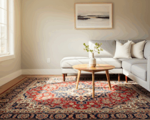 A cozy Dentsville-style home interior featuring a colorful oriental rug and light gray sectional sofa