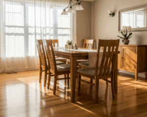 An elegant dining area with spotless, freshly cleaned hardwood floors;