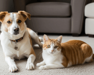 Dog and cat on carpet