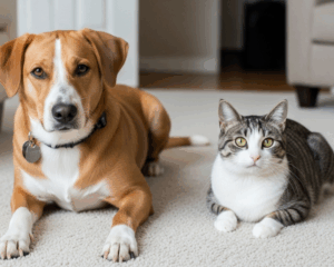 Dog and cat on carpet