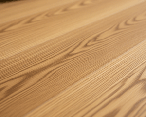 Macro shot showing the detailed wood grain of freshly cleaned natural oak flooring, rich color tones, smooth reflective surface