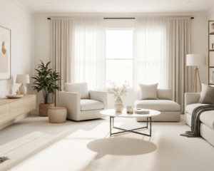 Modern family room with spotless off-white carpet, cozy furniture