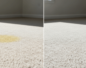 Split-view image of the same carpet_ one side with faint yellowish pet stain, the other side freshly cleaned and restored
