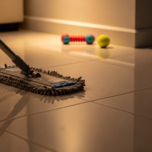 A microfiber mop gliding across shiny tile flooring