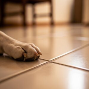 Close-up shot of a pet paw gently resting on shiny tile flooring