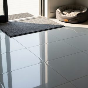 Entryway scene with polished tile floors