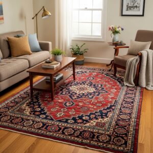 oriental rug placed in a living room or entryway of a family home