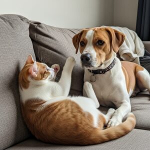 dog and cat playing on couch